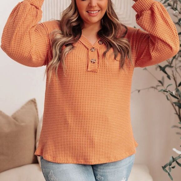 Plus size orange waffle knit long sleeve top v neck button - Picture 5 of 6